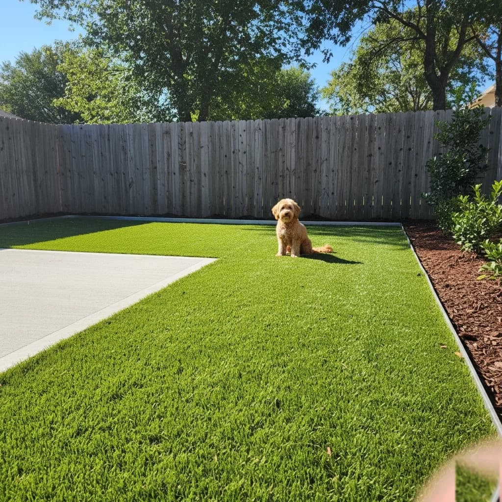 Realistic synthetic grass lawn with clean aluminum border edging