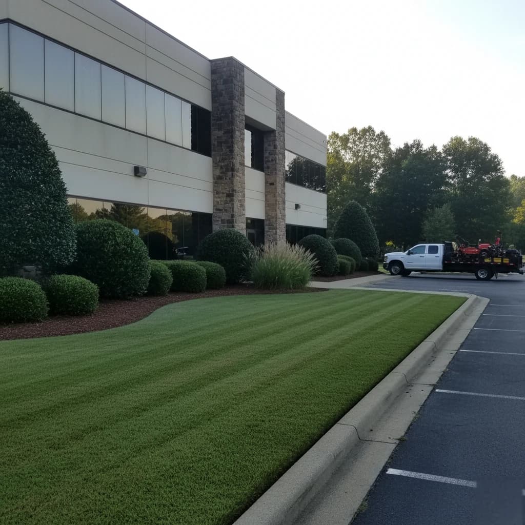 Office Park Grounds Maintenance by Alex's Lawnscape in Charlotte NC — Weekly grounds maintenance for a two-story office park — fresh mowing stripes on bermuda, crisp sidewalk edging, mature holly and ornamental grass beds with dark mulch