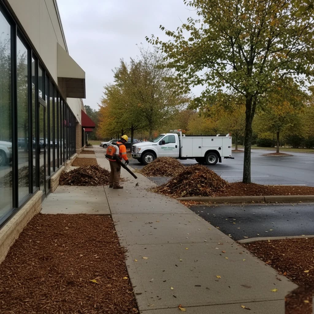 Commercial Fall Cleanup by Alex's Lawnscape in Charlotte NC — Seasonal fall cleanup at a retail strip center