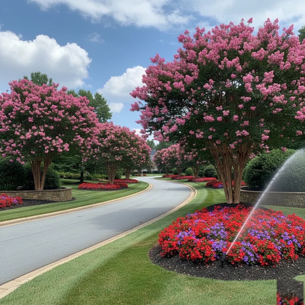 HOA Entrance Maintenance by Alex's Lawnscape in Charlotte NC — Year-round maintenance of an HOA neighborhood entrance — seasonal annual flowers, crepe myrtle pruning, irrigation management, fresh mulch, and weekly mowing with stripes