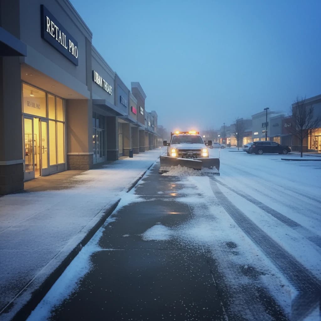 Snow & Ice Management by Alex's Lawnscape in Charlotte NC — Pre-dawn snow plowing and salt treatment at a commercial shopping center