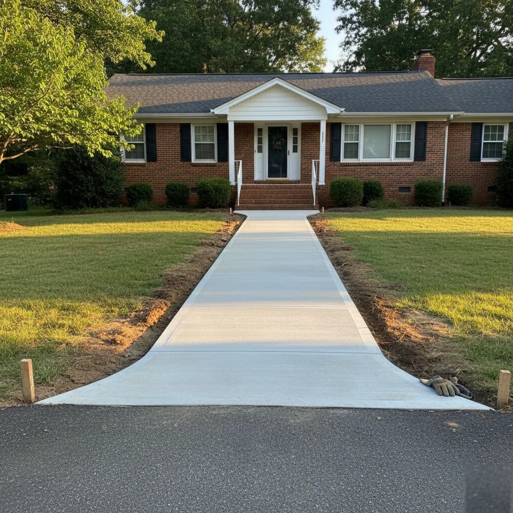 Broom-Finish Front Walkway by Alex's Lawnscape in Charlotte NC — Clean residential walkway with broom-finish texture and control joints every four feet