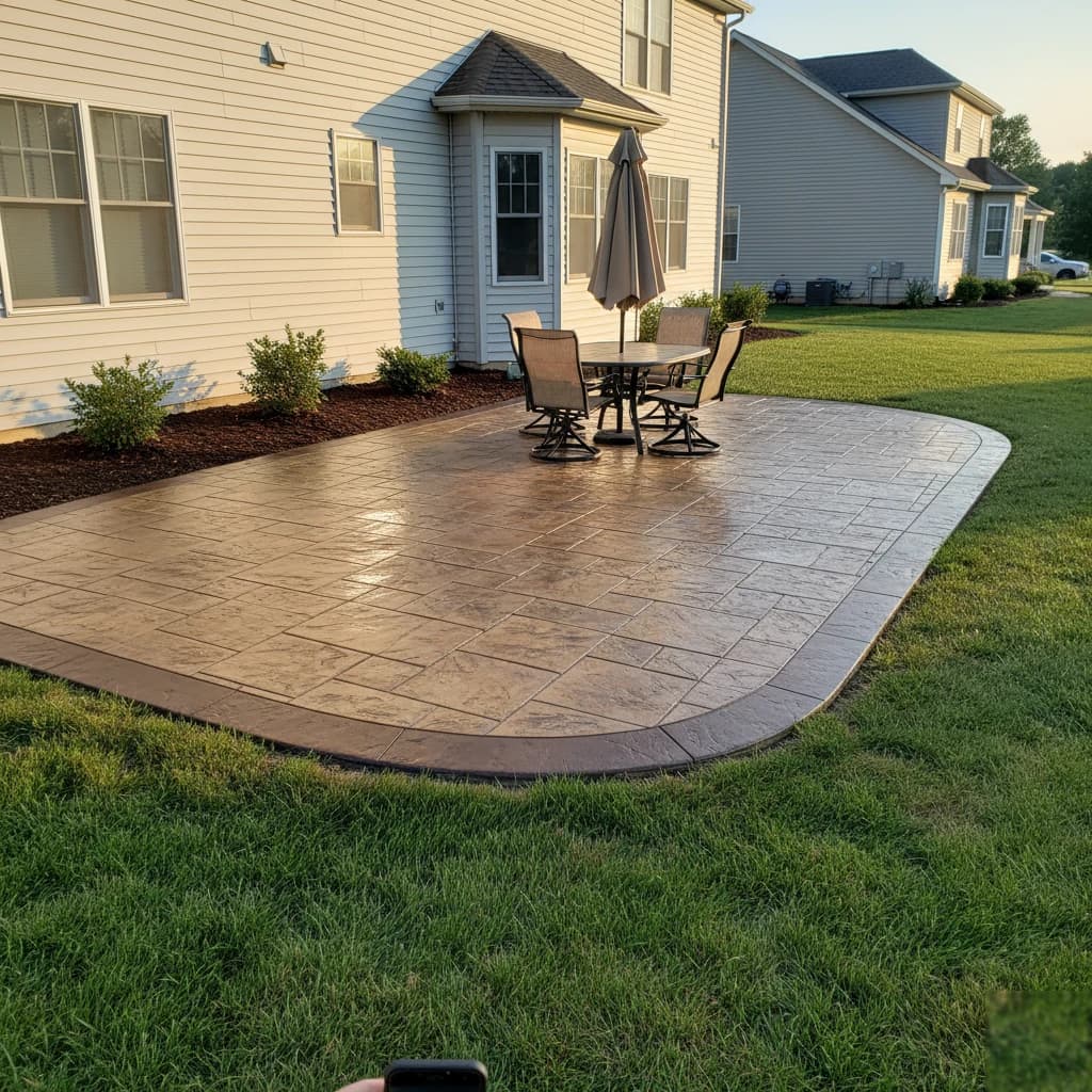 Stamped Concrete Patio by Alex's Lawnscape in Charlotte NC — Ashlar slate stamped concrete patio in warm brown and tan tones with a contrasting dark border
