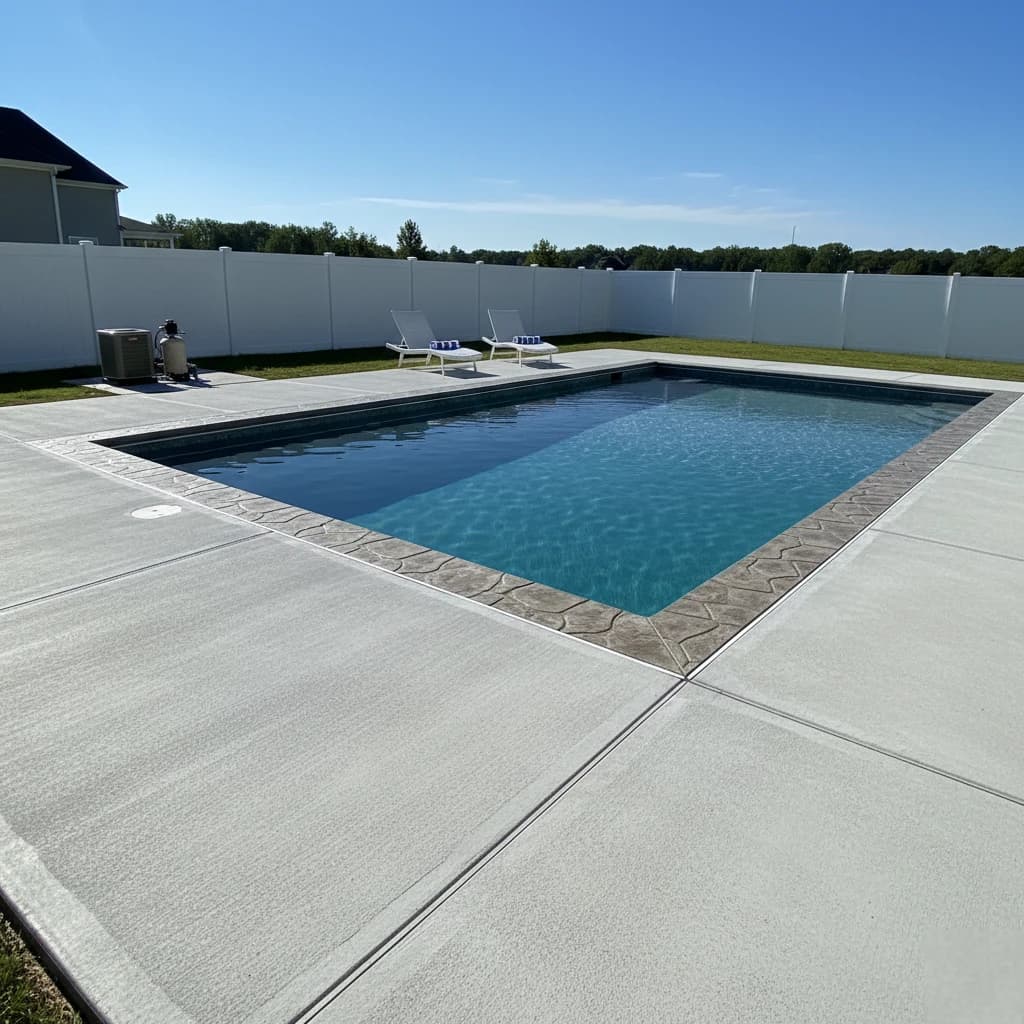 Concrete Pool Deck by Alex's Lawnscape in Charlotte NC — Light gray broom-finished pool deck with stamped stone border along the pool edge