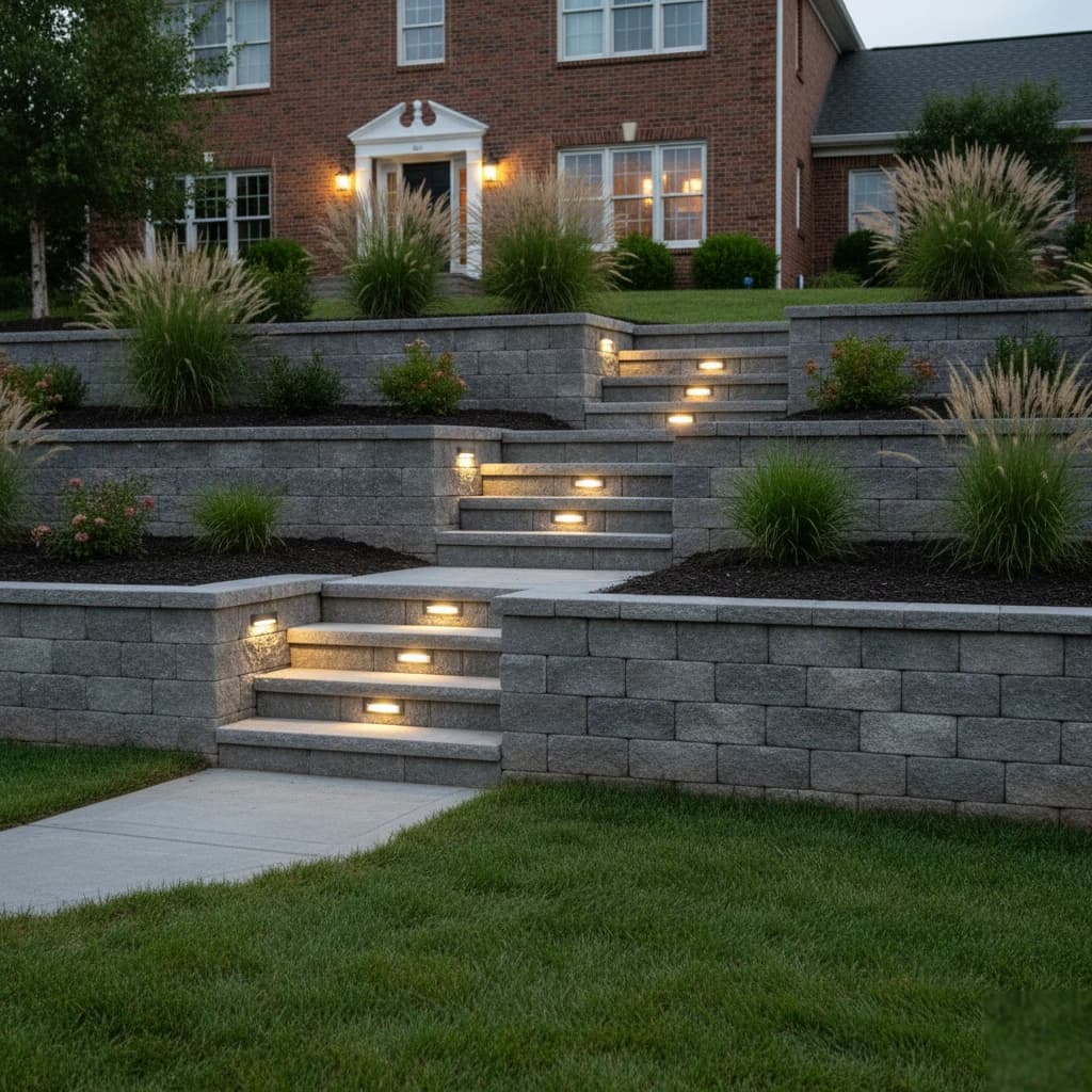 Retaining Wall with LED Steps by Alex's Lawnscape in Charlotte NC — Stone block retaining wall with built-in staircase and recessed LED riser lights