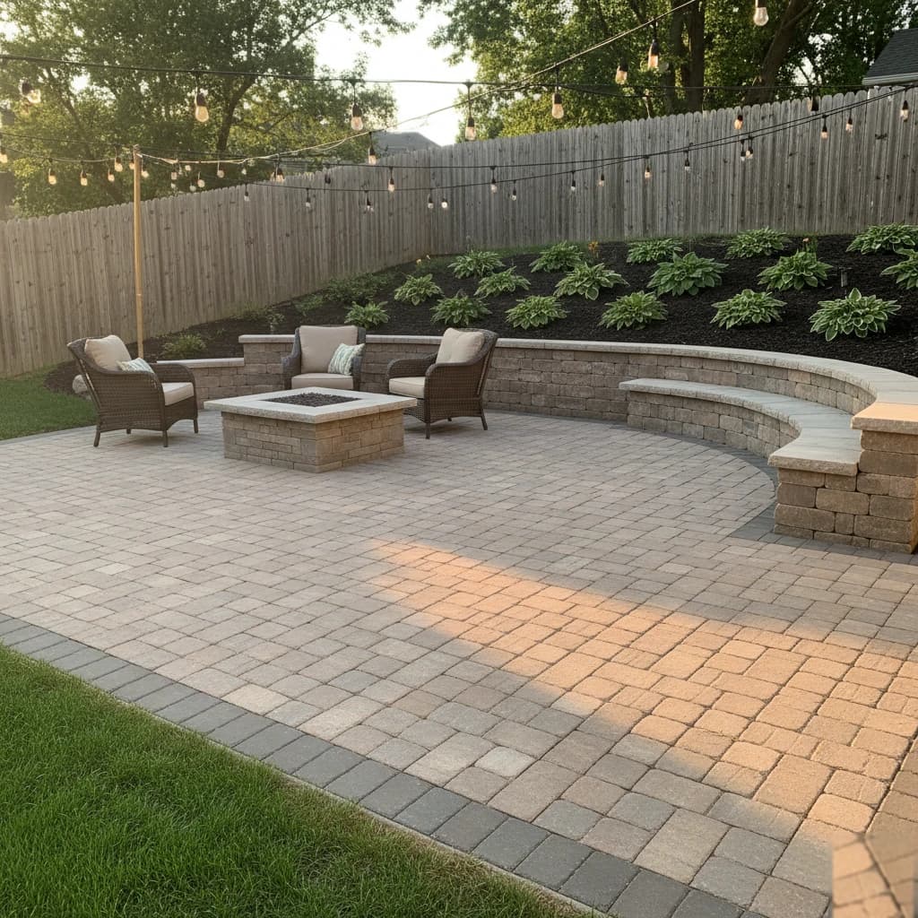 Backyard Patio & Seat Wall by Alex's Lawnscape in Charlotte NC — Large paver patio with matching retaining wall and curved seat wall with capstones