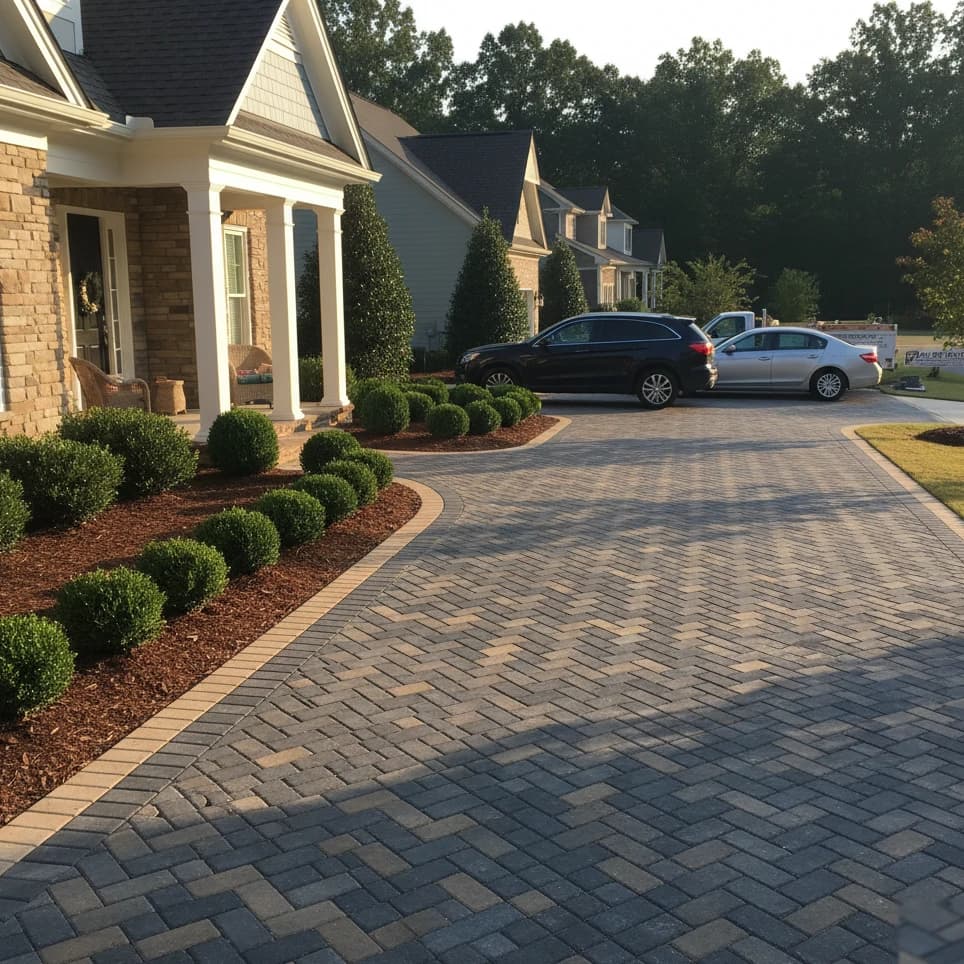 Paver Driveway & Front Walkway by Alex's Lawnscape in Charlotte NC — Full front yard hardscape — interlocking paver driveway in herringbone pattern with a matching curved walkway to the front porch
