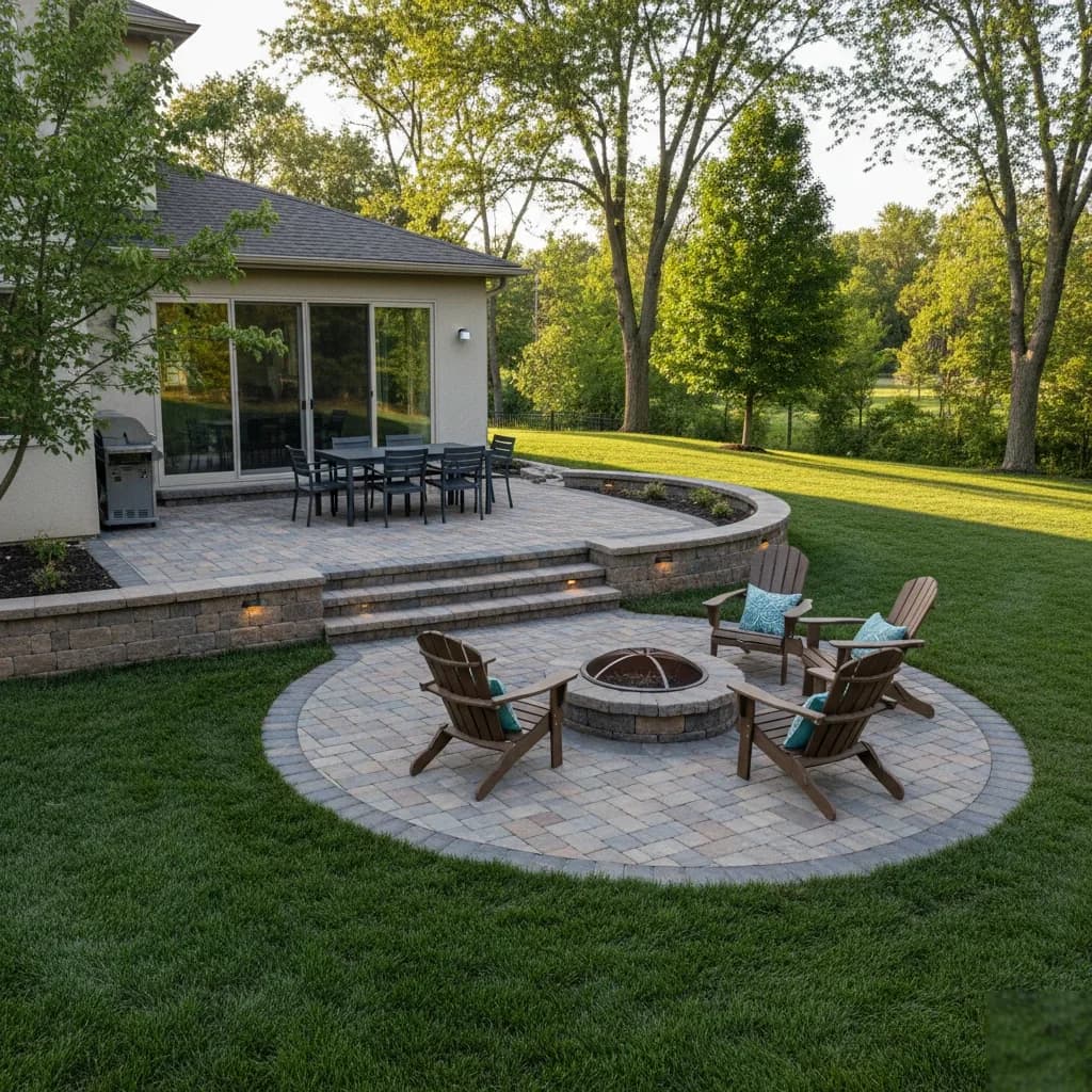 Multi-Level Entertaining Patio by Alex's Lawnscape in Charlotte NC — Two-tier paver patio connected by wide stone steps