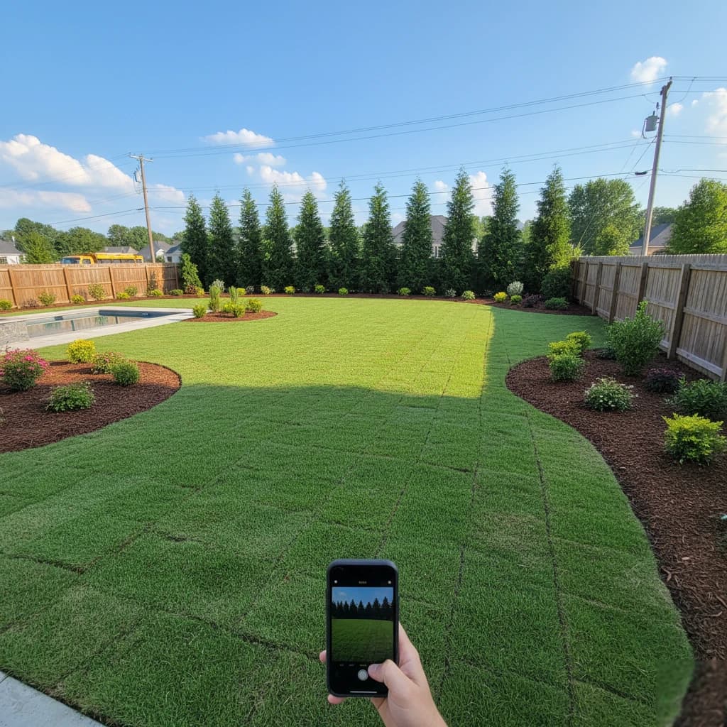 Fresh sod installation with Leyland cypress privacy trees