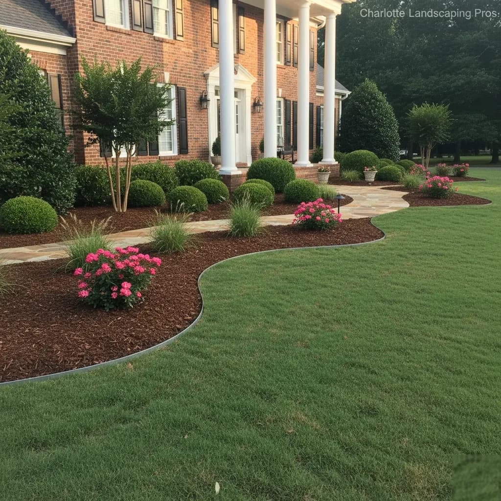Full front yard landscape with knockout roses and mulch beds