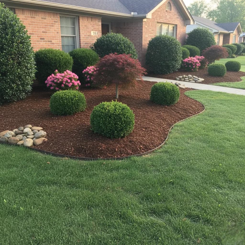 Foundation shrubs with fresh mulch and clean edging
