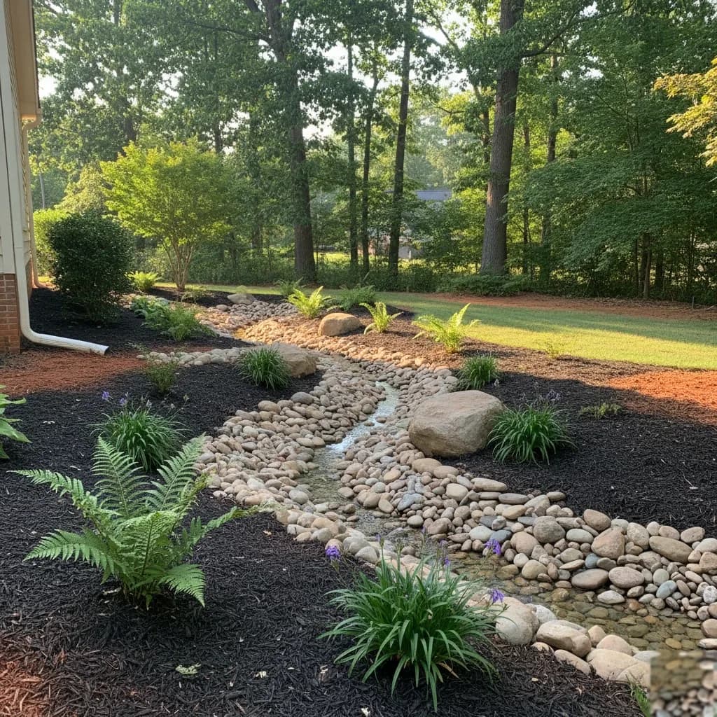 Dry creek bed drainage solution with river rock and boulders