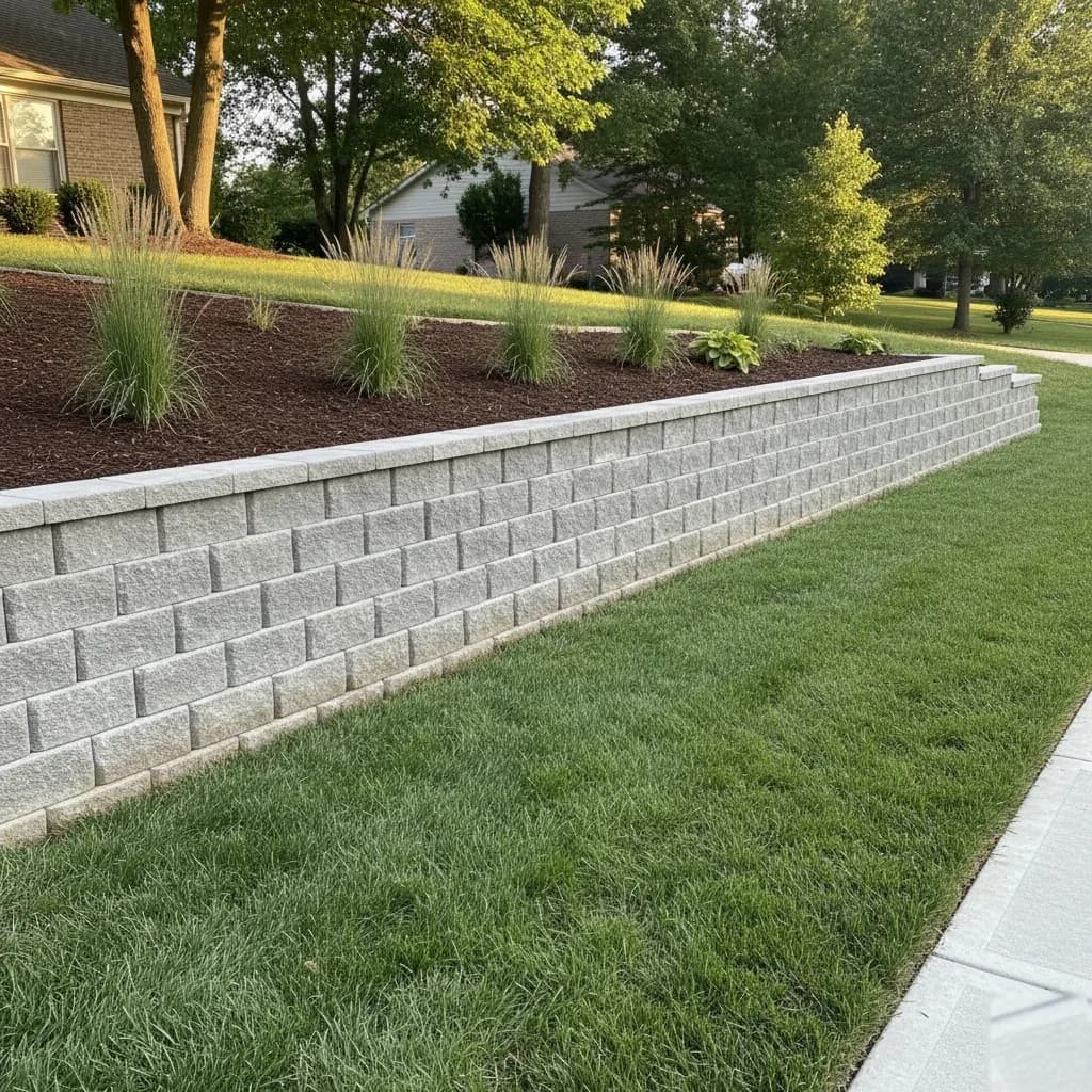 Retaining wall with capstones and landscape lighting