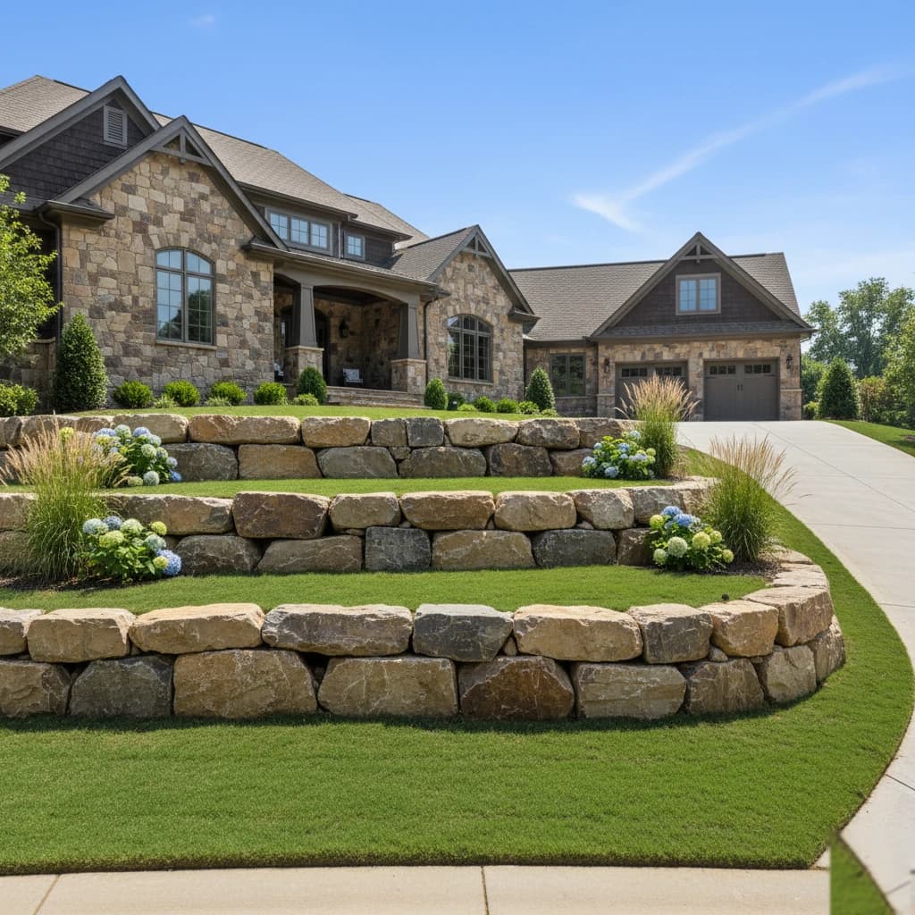 Stacked natural boulder retaining wall holding back a residential hillside