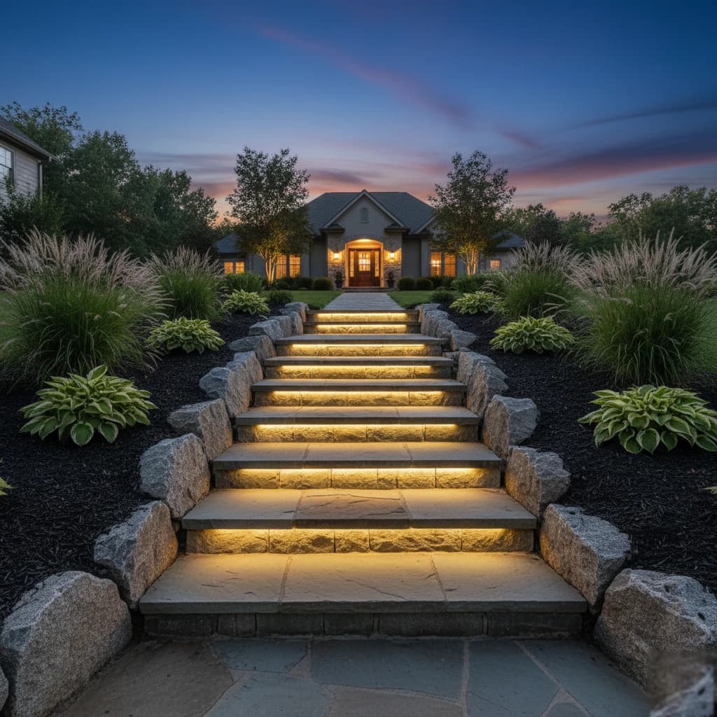 Flagstone Steps with Night Lighting by Alex's Lawnscape in Charlotte NC — Natural flagstone steps set into a boulder retaining wall with warm LED riser lights