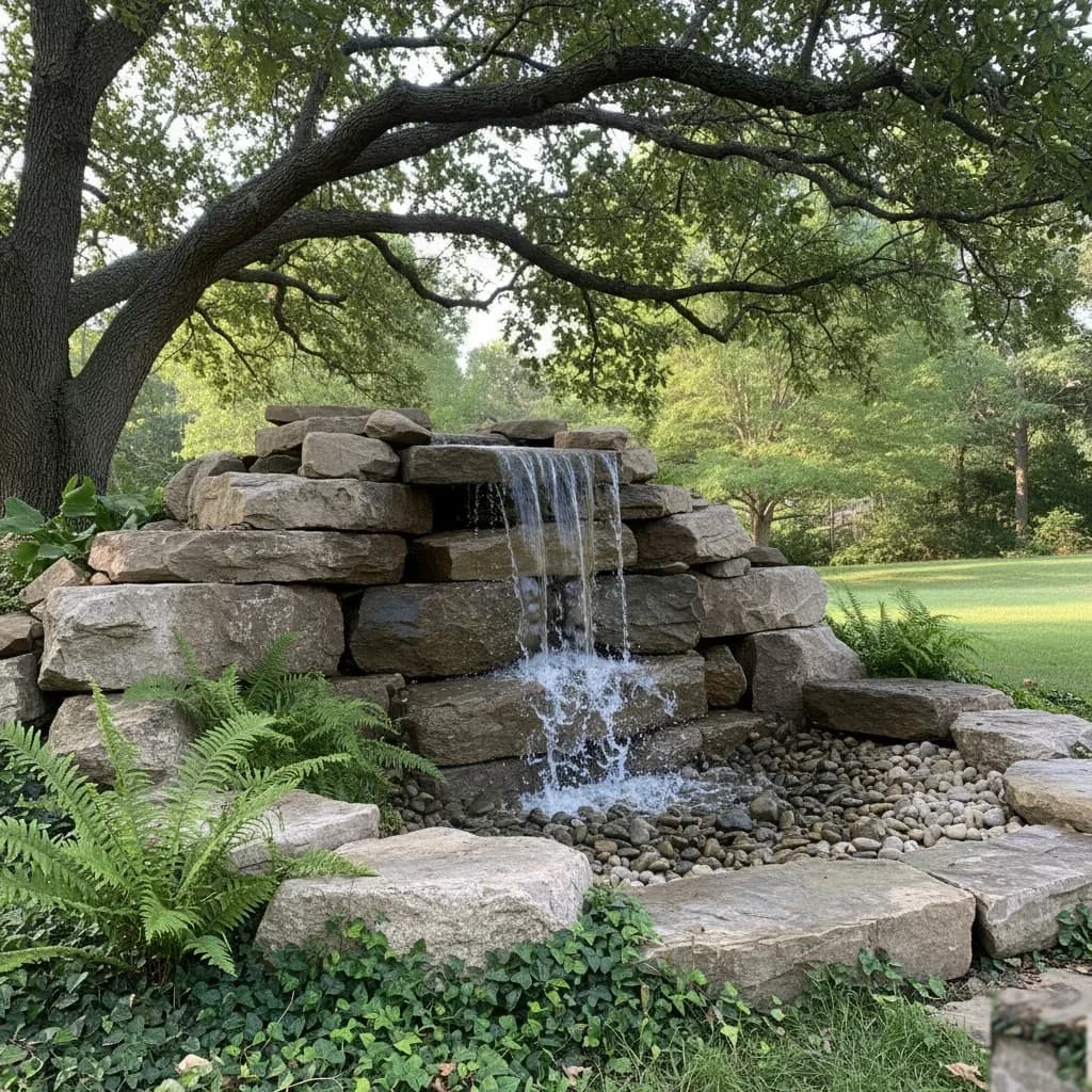Pondless Stone Waterfall by Alex's Lawnscape in Charlotte NC — Custom pondless waterfall built with stacked boulders and flat fieldstones