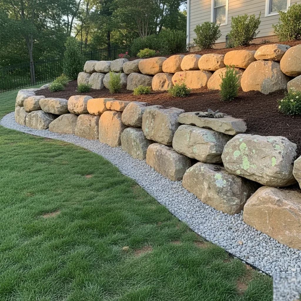 Natural Boulder Retaining Wall by Alex's Lawnscape in Charlotte NC — Massive natural boulder wall holding back a side yard slope — 40 feet long, 3-4 feet high