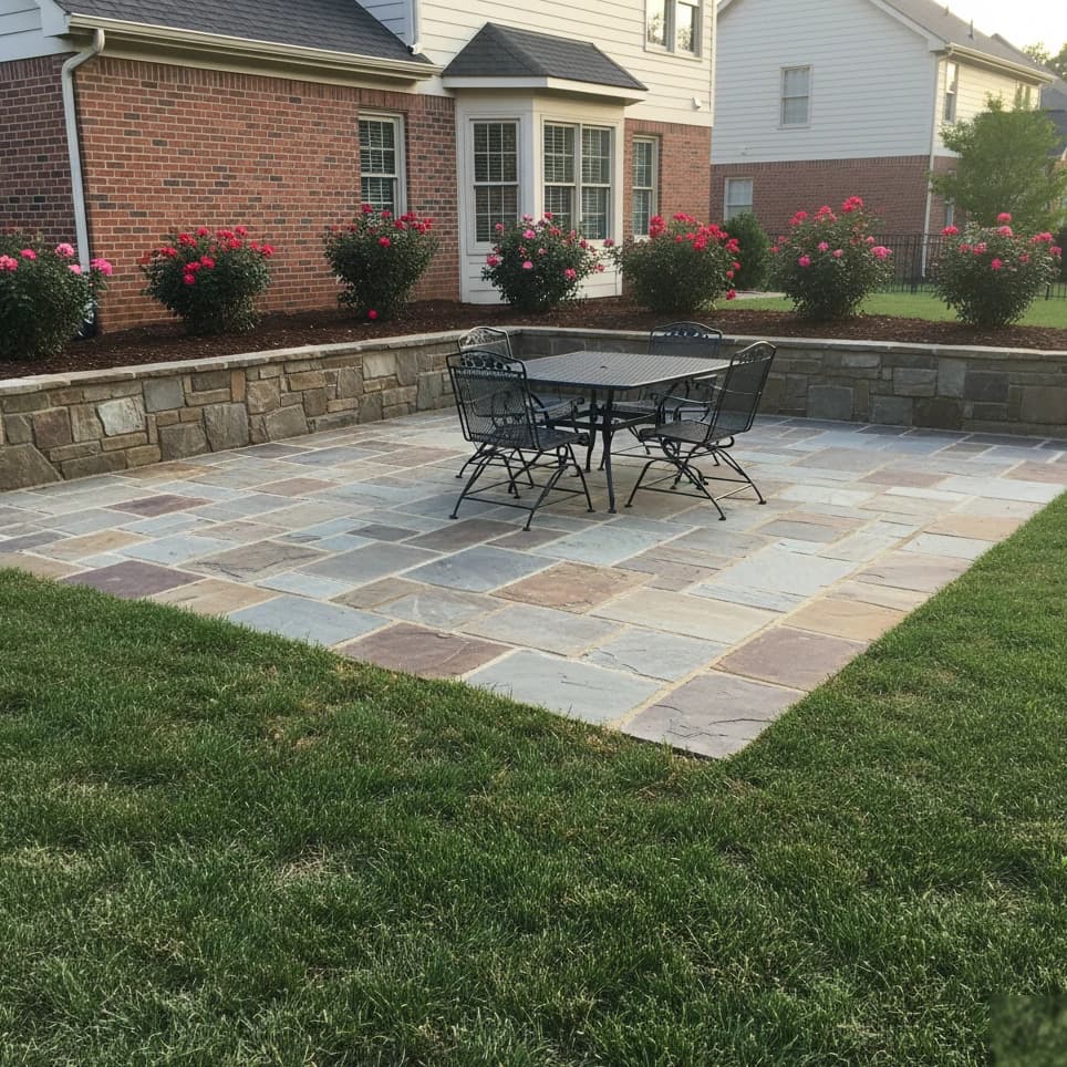 Flagstone Patio & Stone Wall by Alex's Lawnscape in Charlotte NC — Irregular flagstone patio in gray and brown tones with mortar joints, bordered by a two-foot natural stone retaining wall with matching capstones