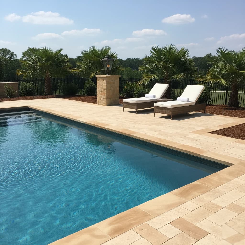 Stone Pool Deck & Coping by Alex's Lawnscape in Charlotte NC — Travertine coping with bullnose edge around an in-ground pool